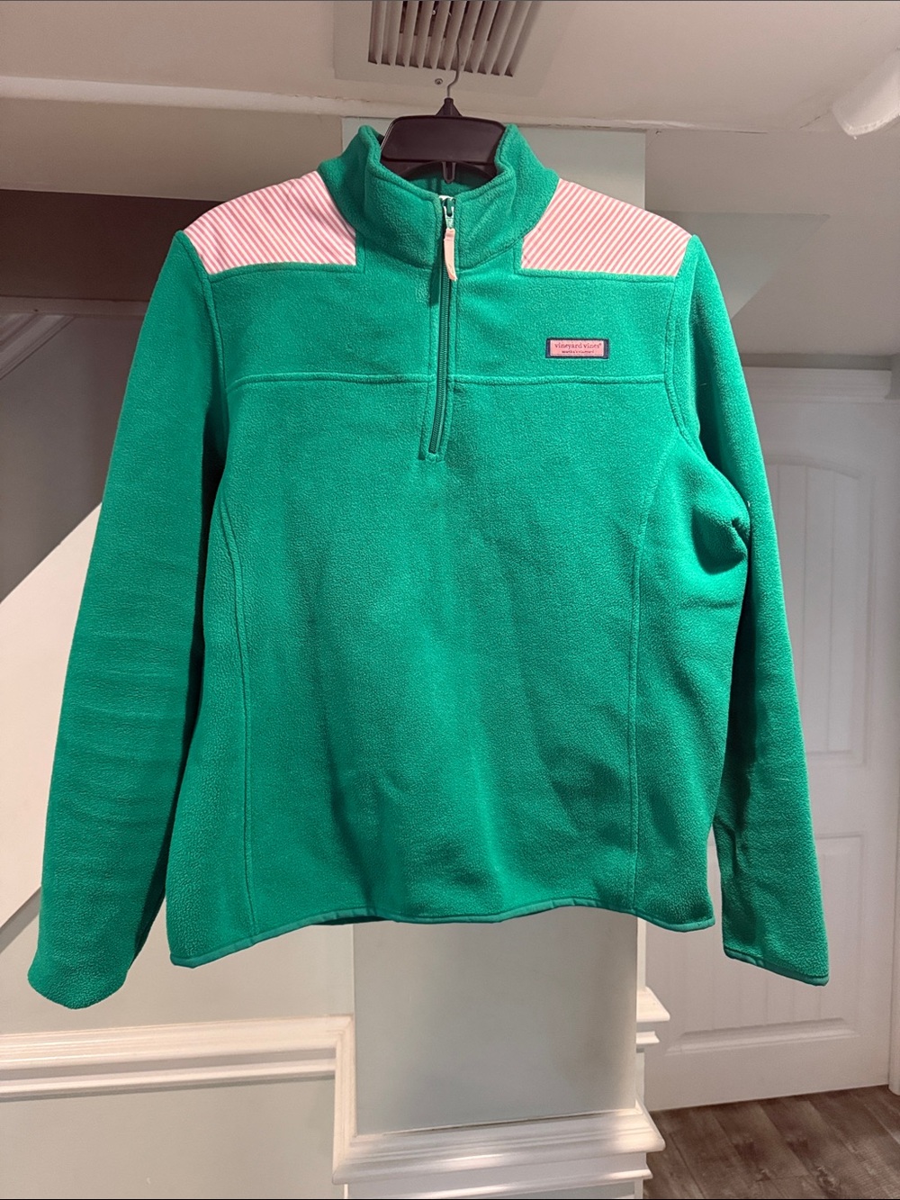 Vineyard Vines Girls Green Quarter-Zip Pullover with Pink Stripe Accents